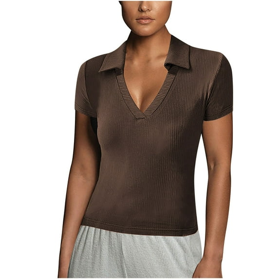 Mittory Womens Business Casual Tops Summer V Neck Short Sleeve T Shirts Slim Fitted Ribbed Knit Tee Tops