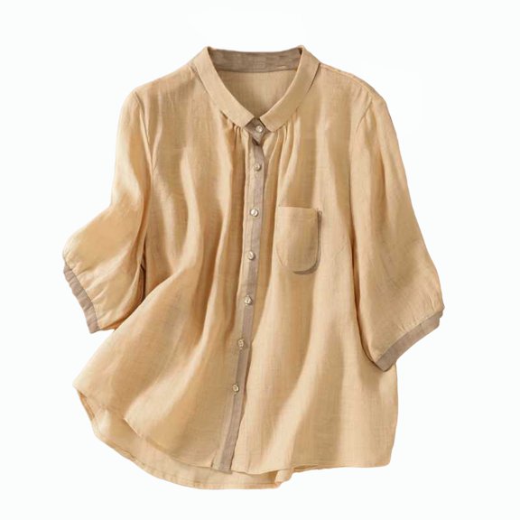 Mittory Womens Button Cotton Linen 3/4 Sleeve Shirts Summer V Neck Flowy Lightweight Shirt Tops Guaze Basic Casual Tees