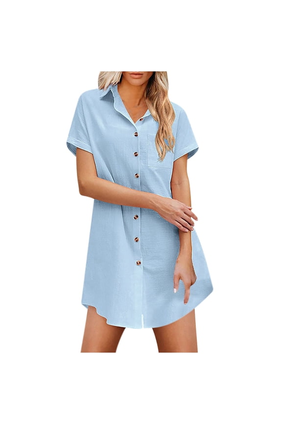 Womens Button Down Shirt Dress Summer Cotton Linen Dress V-Neck Mini Dress Casual Short Sleeve Loose Tunic Dresses