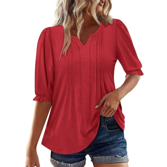 Mittory Womens Casual 3/4 Length Sleeve Tops Summer V Neck T Shirts Bell Sleeve Ruffle Tunic Blouses