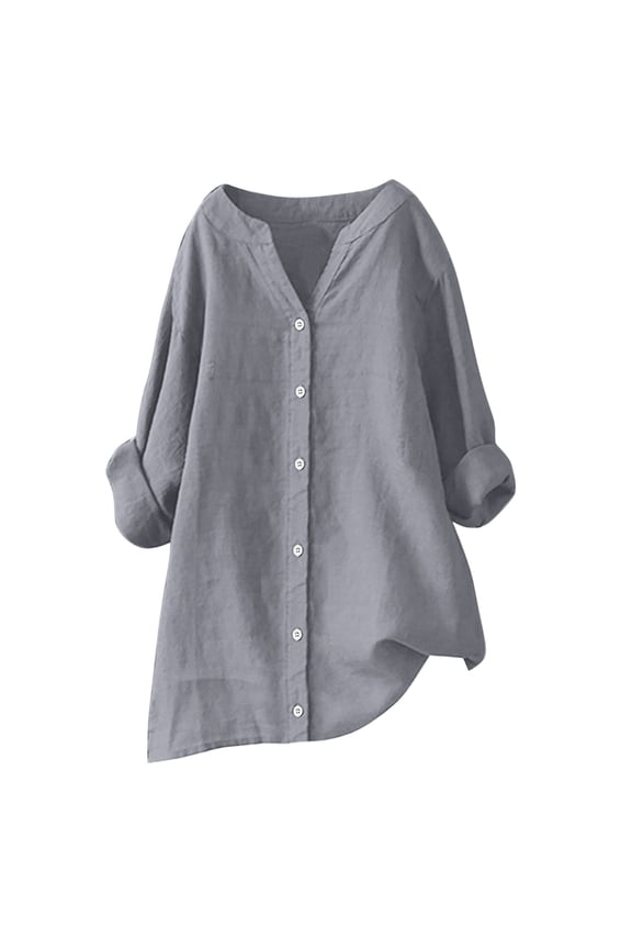 Womens Casual Cotton Linen Button Down Short Sleeve Shirts Solid Summer Beach Blouses Tops