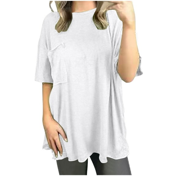 Mittory Womens Casual Crew Neck Shirts Trendy Short Sleeve Solid Tops Fashion Cute Loose Comfy Blouses with Pockets