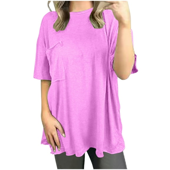 Mittory Womens Casual Crew Neck Shirts Trendy Short Sleeve Solid Tops Fashion Cute Loose Comfy Blouses with Pockets