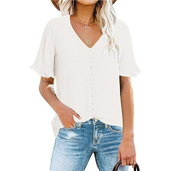 Mittory Womens Casual Shirts Dressy Work Button Down Ruffle Blouses Business Short Sleeves Tunic Tops
