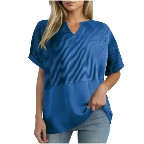 Mittory Womens Casual V Neck Waffle Knit Tops Short Sleeve T Shirts Loose Blouses