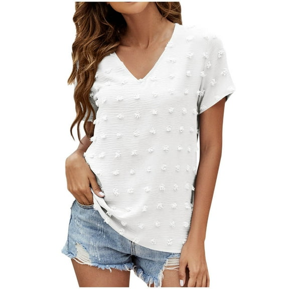 Mittory Womens Chiffon Blouses Short Sleeve V Neck Shirts Summer Casual Polka Dot Tops