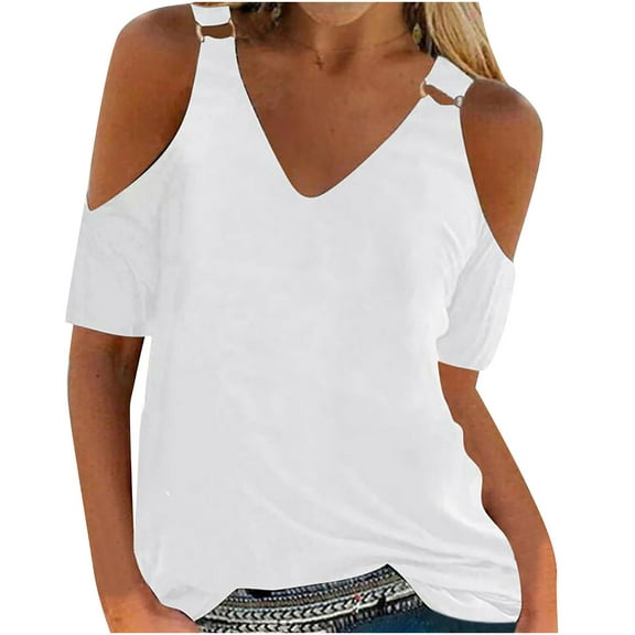Mittory Womens Cold Shoulder Tops Summer Sexy Casual Short Sleeve Ruched Scoop Neck Banded Bottom Shirts Blouse