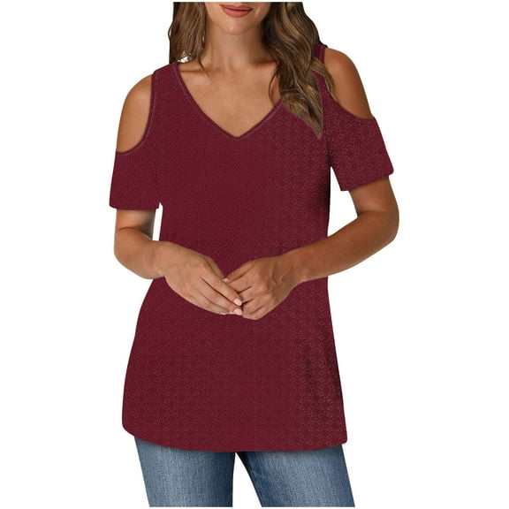Mittory Womens Cold Shoulder V Neck T Shirts Casual Loose Basic Summer Tees Blouse