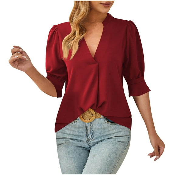 Mittory Womens Collared V Neck 3/4 Sleeve Shirts Business Casual Tops Loose Work Blouses