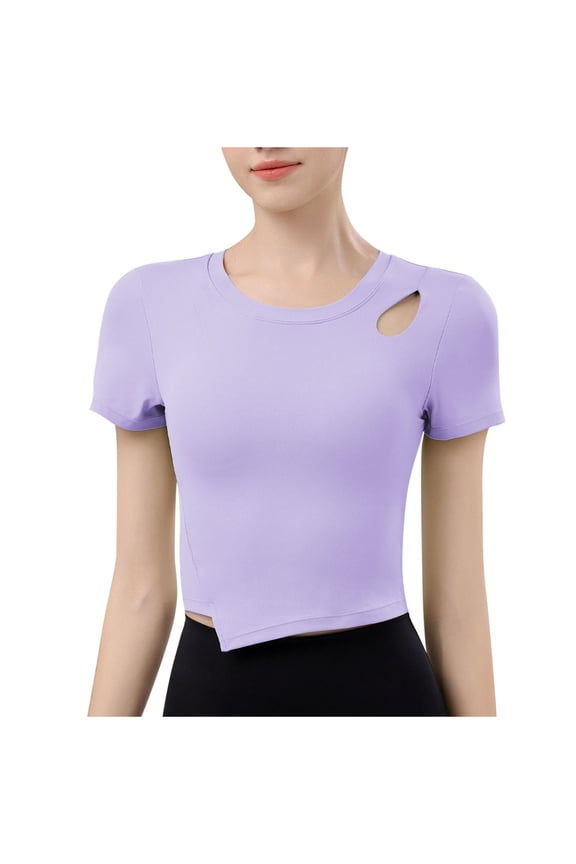 Womens Cotton Basic Short Sleeve Ripped Cut Out Crew Neck Summer T-Shirts Y2K Cute Crop Tops