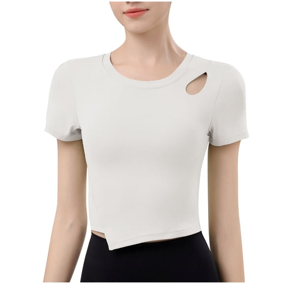 Mittory Womens Cotton Basic Short Sleeve Ripped Cut Out Crew Neck Summer T-Shirts Y2K Cute Crop Tops