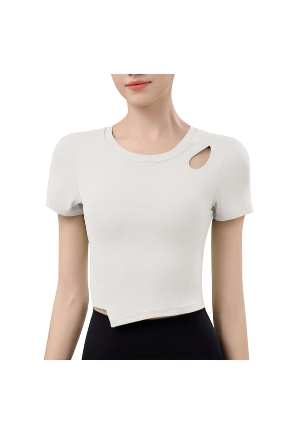Womens Cotton Basic Short Sleeve Ripped Cut Out Crew Neck Summer T-Shirts Y2K Cute Crop Tops