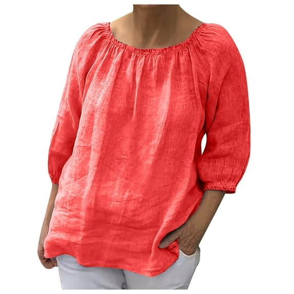 Mittory Womens Cotton Linen Blouse Summer Casual 3/4 Sleeve Boho T Shirt Solid Color Loose Shirts