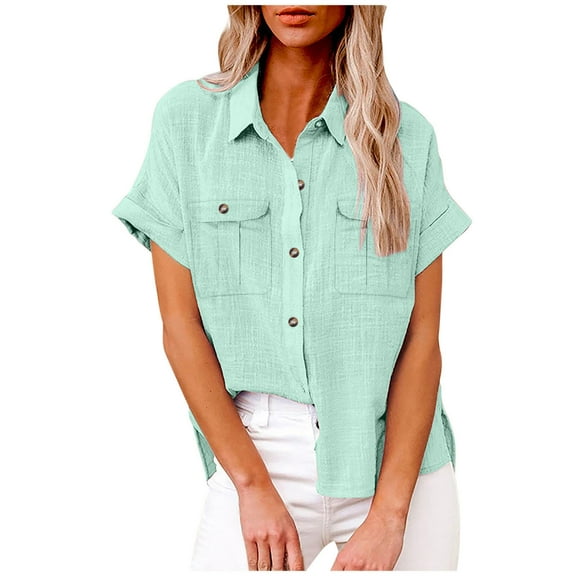 Mittory Womens Cotton Linen Button Down Shirt Summer Casual Short Sleeve Solid Color T Shirts Loose Work Tops with Pockets