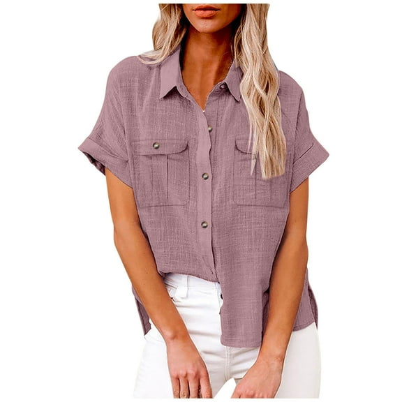 Mittory Womens Cotton Linen Button Down Shirt Summer Casual Short Sleeve Solid Color T Shirts Loose Work Tops with Pockets
