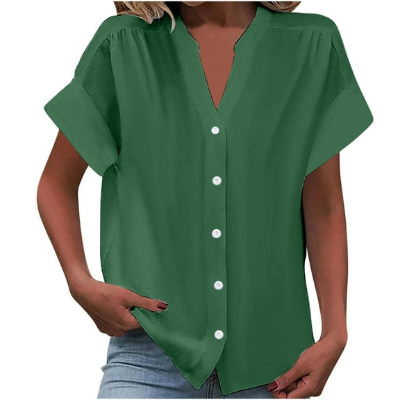 Mittory Womens Cotton Linen Button Down Shirts V Neck Short Sleeve Summer Blouses Casual Work Tops