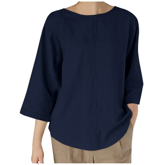 Mittory Womens Cotton Linen Shirts Crewneck 3/4 Sleeve Loose Fit T-Shirts Casual Lightweight Tunic Blouses
