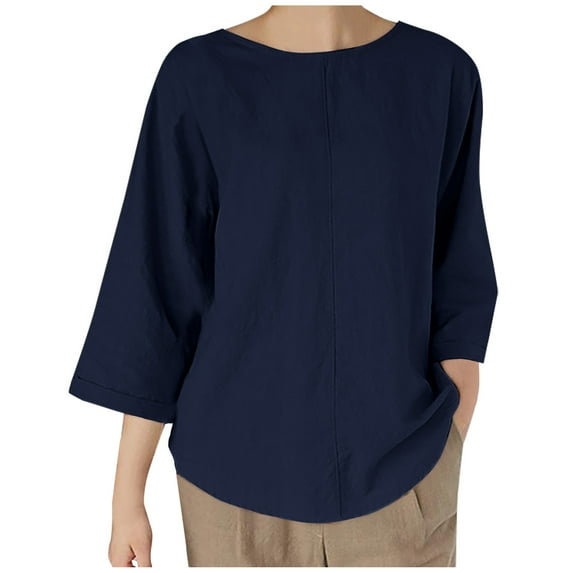 Mittory Womens Cotton Linen Shirts Crewneck 3/4 Sleeve Loose Fit T-Shirts Casual Lightweight Tunic Blouses