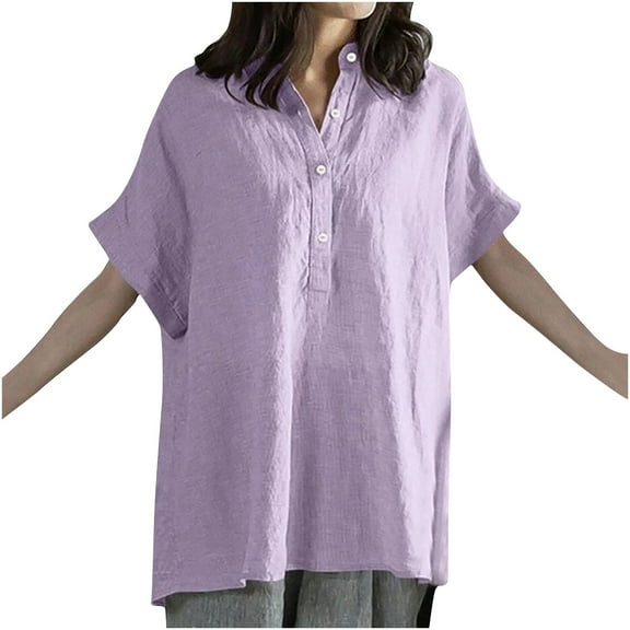 Mittory Womens Cotton Linen Shirts Solid Short Sleeve Tunic Tops Oversized Tshirts Casual V Neck Dressy Blouses
