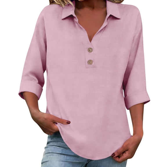 Mittory Womens Cotton Linen Shirts Summer Trendy 3/4 Sleeve Tops V Neck Blouses Button Down Casual Loose Tunic Tops