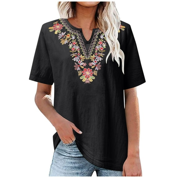 Mittory Womens Cotton Linen Short Sleeve Shirts Summer Mexican Embroidered Tops Cut V Neck Peasant Tunic Dressy Blouse