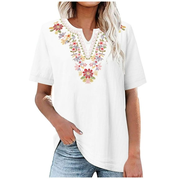 Mittory Womens Cotton Linen Short Sleeve Shirts Summer Mexican Embroidered Tops Cut V Neck Peasant Tunic Dressy Blouse