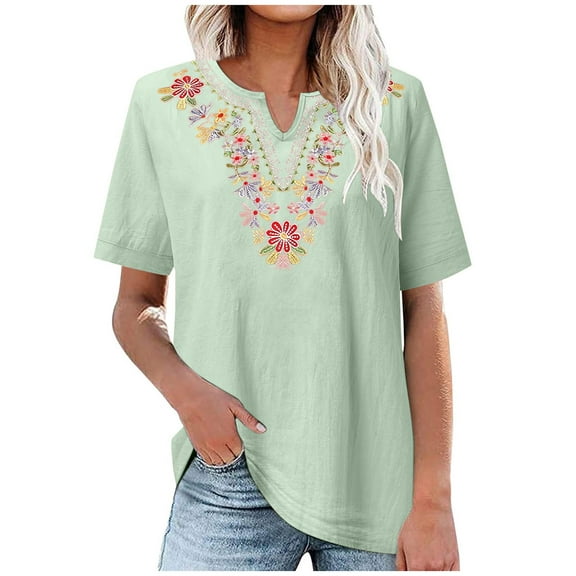 Mittory Womens Cotton Linen Short Sleeve Shirts Summer Mexican Embroidered Tops Cut V Neck Peasant Tunic Dressy Blouse