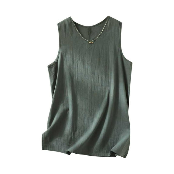 Mittory Womens Cotton Linen Sleeveless Tunic Tops Summer Crewneck Casual Tank Tops Split Side Vintage Loose Fit Tanks Vests