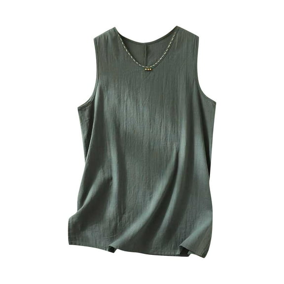 Mittory Womens Cotton Linen Sleeveless Tunic Tops Summer Crewneck Casual Tank Tops Split Side Vintage Loose Fit Tanks Vests