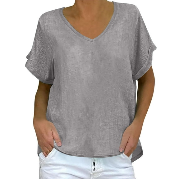 Mittory Womens Cotton Linen Tops Short Sleeve V Neck Solid Basic Tees Lightweight Blouses Oversized Loose Summer Shirt