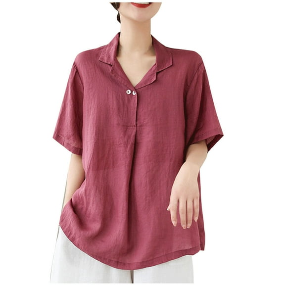 Mittory Womens Cotton Linen V Neck Tops Vintage Embroidered Button Down T Shirt Summer Beach Casual Loose Short Sleeve Blouse