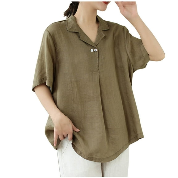 Mittory Womens Cotton Linen V Neck Tops Vintage Embroidered Button Down T Shirt Summer Beach Casual Loose Short Sleeve Blouse
