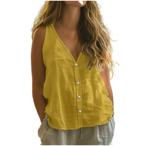 Mittory Womens Cotton Linen Vest Tops Button Down Sleeveless Shirts Casual Loose Fit V Neck Comfy Blouses