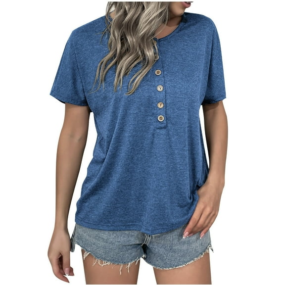 Mittory Womens Crew Neck Short Sleeve Buttons Tops Fall Tshirts Tee Basic Blouse Loose Fit Henley Tops