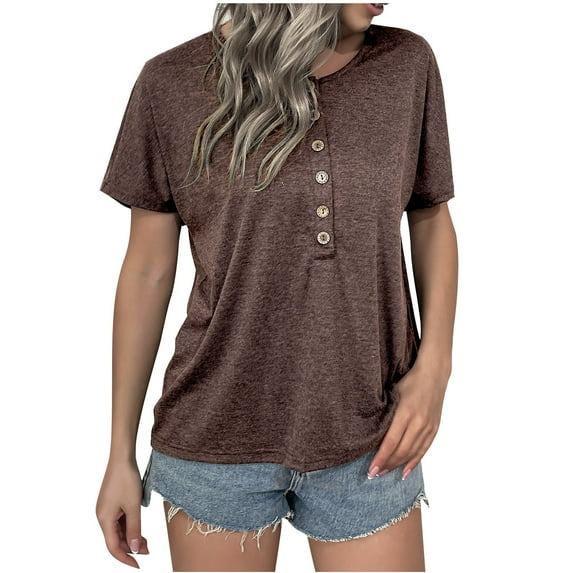 Mittory Womens Crew Neck Short Sleeve Buttons Tops Fall Tshirts Tee Basic Blouse Loose Fit Henley Tops