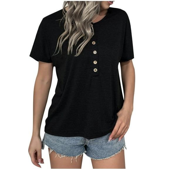 Mittory Womens Crew Neck Short Sleeve Buttons Tops Fall Tshirts Tee Basic Blouse Loose Fit Henley Tops