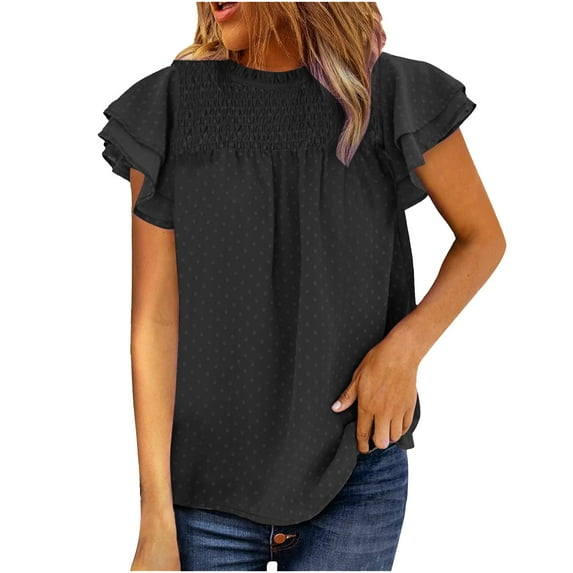 Mittory Womens Crewneck Lace Crochet Pom Pom Flowy Short Sleeve Casual Shirts Blouses Tops