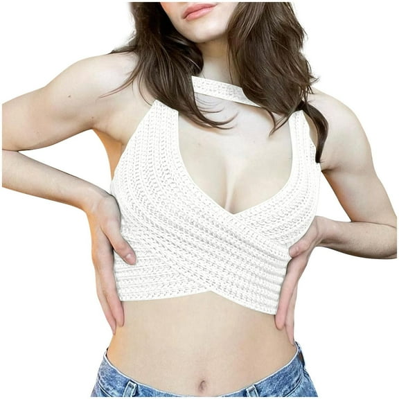 Mittory Womens Crochet Halter Crop Tops Summer Sexy Knitted V Neck Sleeveless Camisole Top