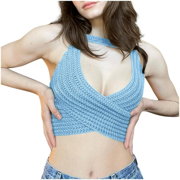 Mittory Womens Crochet Halter Crop Tops Summer Sexy Knitted V Neck Sleeveless Camisole Top