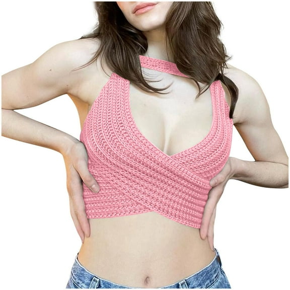 Mittory Womens Crochet Halter Crop Tops Summer Sexy Knitted V Neck Sleeveless Camisole Top