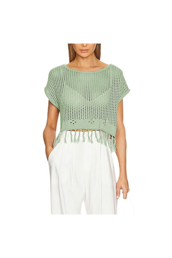 Womens Crochet Tops Short Sleeve Hollow Out Swim Cover Up Beach Bikini Swimsuit Summer Tunic Top