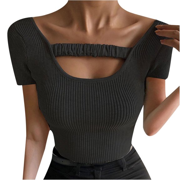 Mittory Womens Cut Out Front Short Sleeve Tops Sexy Ribbed Knit Slim Fitted Shirts Tee Tshirts