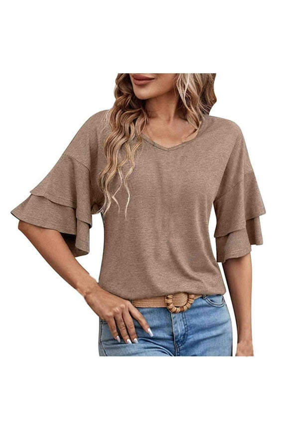 Womens Double Layer Bell Sleeve T Shirt V Neck Tee Top Summer Fashion Clothes Cute Tunic