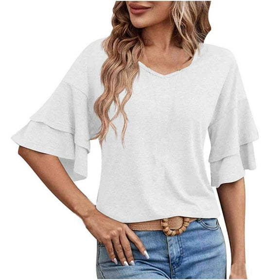 Mittory Womens Double Layer Bell Sleeve T Shirt V Neck Tee Top Summer Fashion Clothes Cute Tunic