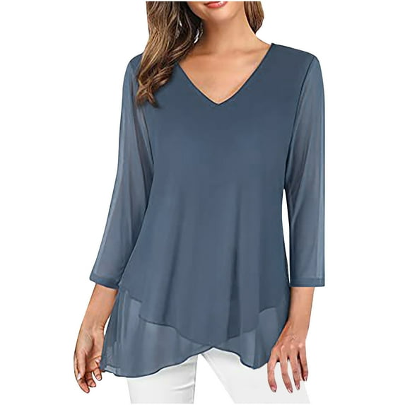 Mittory Womens Dressy 3/4 Sleeve Tunic Tops Asymmetric Hem Blouses Lightweight Mesh Shirt