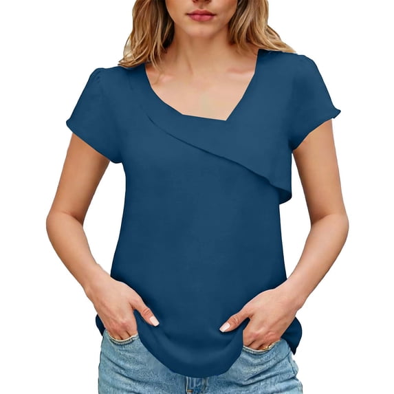 Mittory Womens Dressy Casual Blouses Asymmetrical V Neck Business Work Tops Ruffle Sleeve Summer Shirts