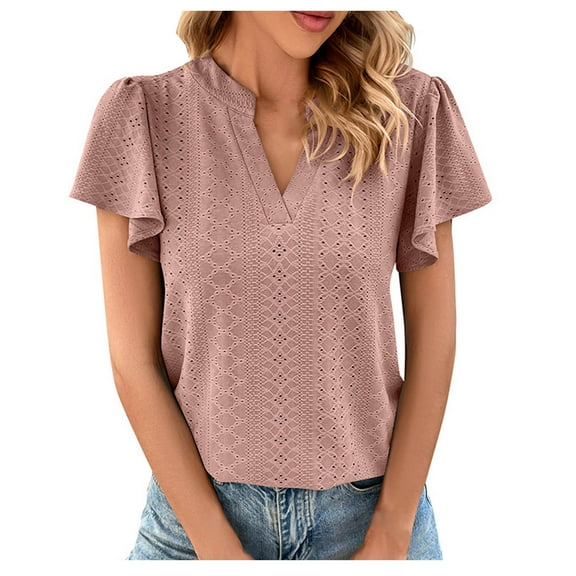 Mittory Womens Dressy Casual Eyelet Blouses Shirts V Neck Trendy Business Casual Summer Tops
