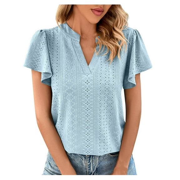 Mittory Womens Dressy Casual Eyelet Blouses Shirts V Neck Trendy Business Casual Summer Tops