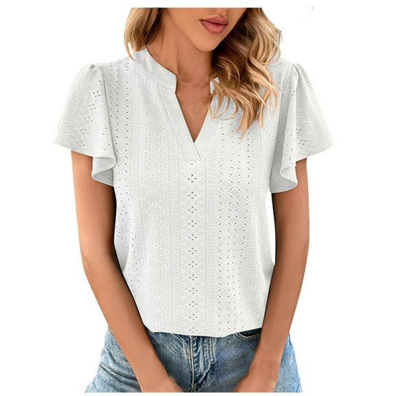 Mittory Womens Dressy Casual Eyelet Blouses Shirts V Neck Trendy Business Casual Summer Tops