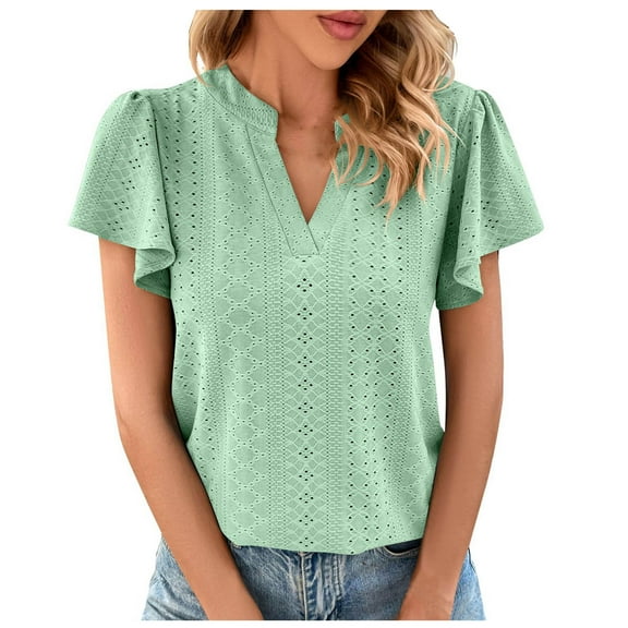 Mittory Womens Dressy Casual Eyelet Blouses Shirts V Neck Trendy Business Casual Summer Tops